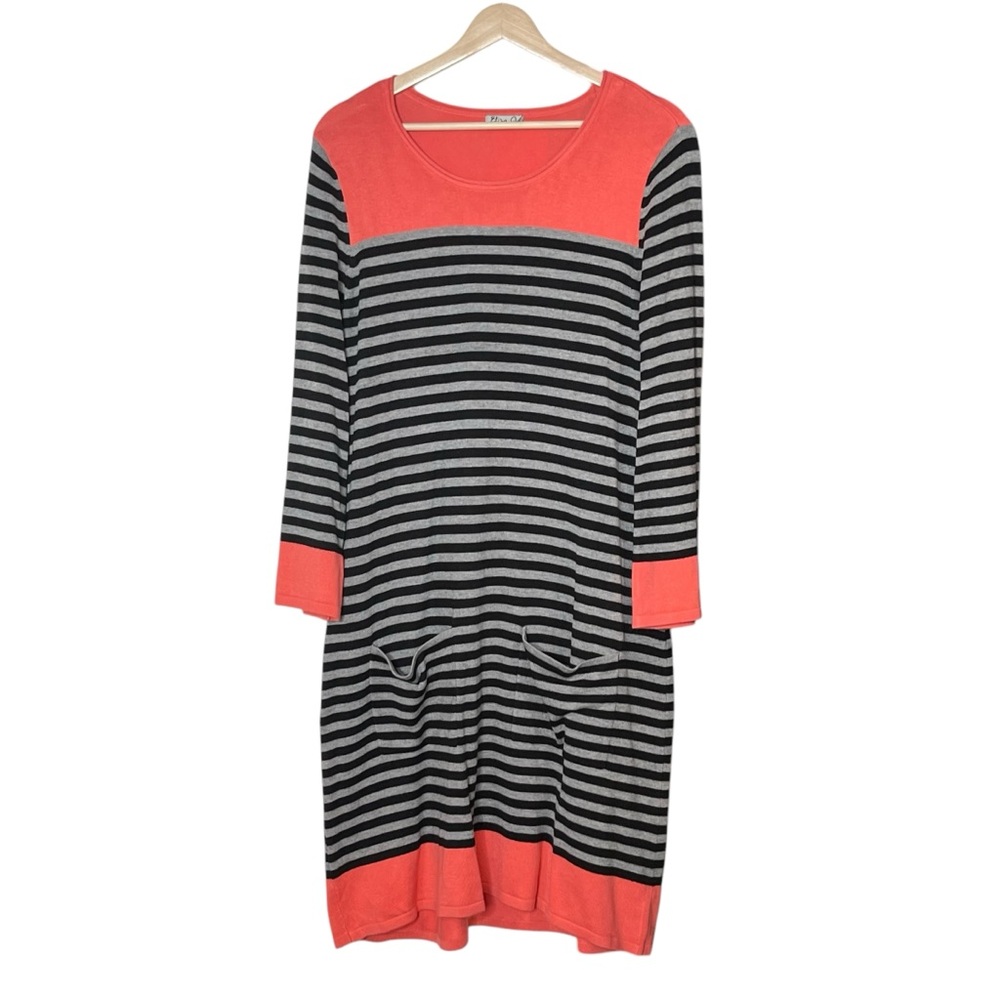Eliza J Striped Knit Sweater Dress Size L Black Gray Coral Pink Pockets